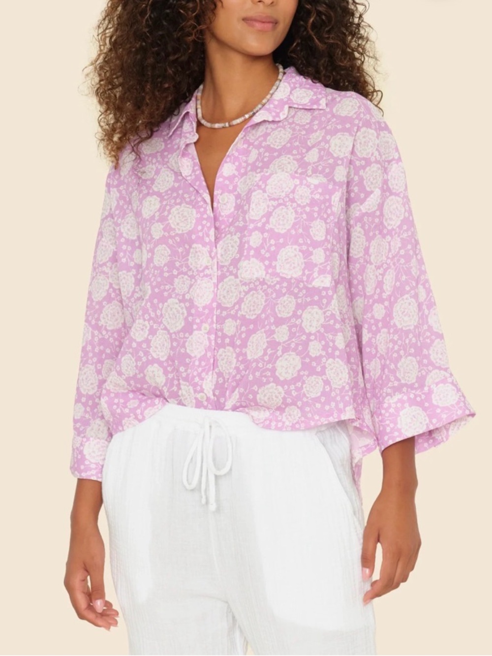 Xirena NWT large orchid light weight purple floral button front top.